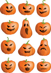 Set of halloween pumpkins of different shapes with scary faces. Halloween elements for your design.