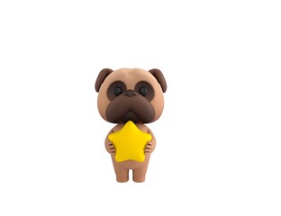 Little Pug character holding star in 3d rendering.