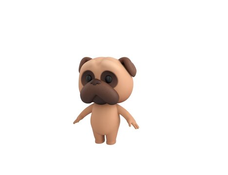 Little Pug character standing in T-Pose in 3d rendering.