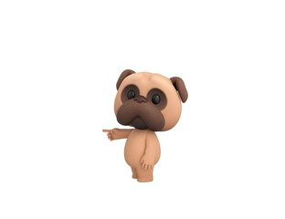 Little Pug character pointing index finger to the left in 3d rendering.