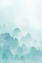 Chinese ink painting art background with landscape view of mountain and misty fog