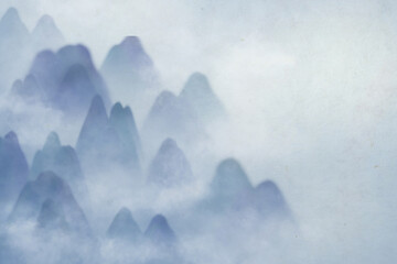 Chinese ink painting art background with landscape view of mountain and misty fog
