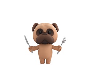 Little Pug character holding cutlery in 3d rendering.