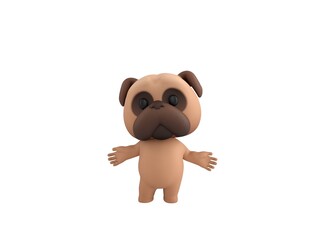 Little Pug character spreading his hands in 3d rendering.