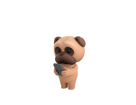 Little Pug character types text message on cell phone in 3d rendering.