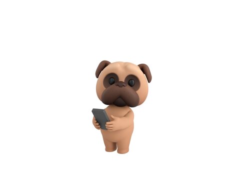 Little Pug character using smartphone and looking to camera in 3d rendering.