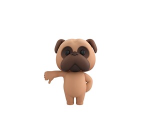 Little Pug character showing thumb down in 3d rendering.