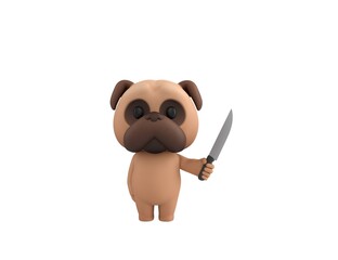 Little Pug character holding sharp knife in 3d rendering.
