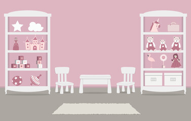 Playroom. Kid's room interior for a baby in a pink color. There are wardrobes with toys, a table, two chairs in the picture. Vector illustration