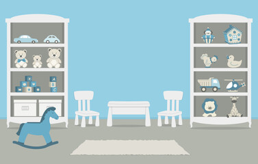 Playroom. Kid's room interior for a baby in a blue color. There are wardrobes with toys, a table, two chairs, rocking horse in the picture. Vector illustration.