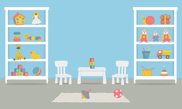 Playroom. Kid's room interior for a baby in a blue color. There are wardrobes with toys, a table, two chairs in the picture. Vector illustration