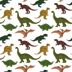 Seamless pattern. Dinosaurs on a white background. Vintage retro style. Illustration vector. Surface design. For textiles and packaging, digital paper.