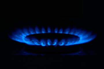 The flame of a gas stove on a black background