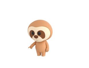 Little Sloth character pointing to the ground in 3d rendering.