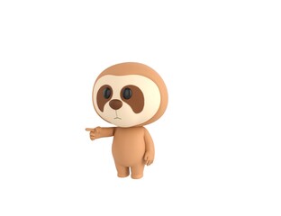Little Sloth character pointing finger to the left in 3d rendering.