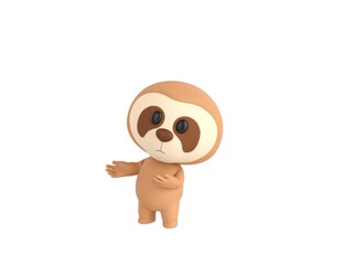 Little Sloth character doing welcome gesture in 3d rendering.