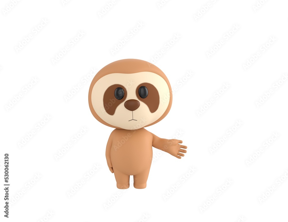 Poster Little Sloth character giving his hand in 3d rendering.