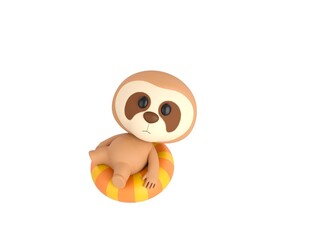 Little Sloth character sitting on the inflatable ring in 3d rendering.