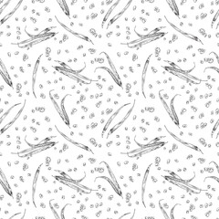 Seamless pattern with hand drawn fenugreek pods and seeds sketch style