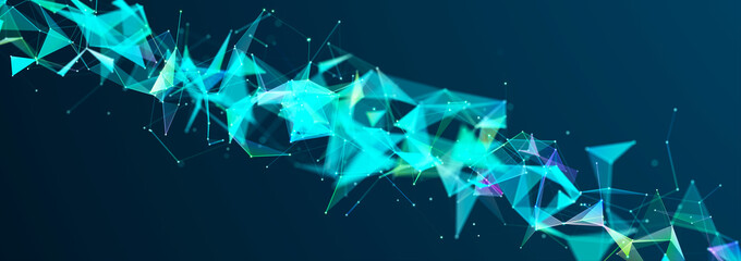 Structure of connected lines and dots. Wireframe polygonal elements on a dark background. Science and technology. 3d