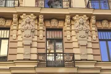 Decorative Art Nouveau elements of the house facade, Riga, Latvia.