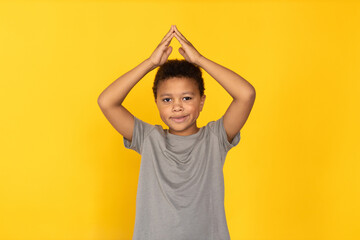 Portrait of happy preteen boy making roof gesture over head. Mixed race child wearing gray T-shirt looking at camera and smiling against yellow background. Childs security, insurance concept