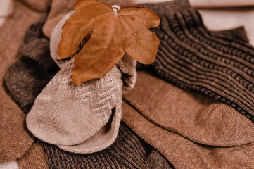 Fototapeta na wymiar Close up of brown cotton socks autumn cozy clothing