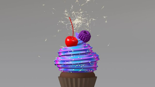 One colorful birthday cupcake with cream, berries and burning sparkler. 3d 4k festive animation