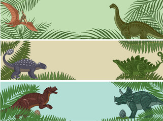 Dinosaurs in leaves. A set of three horizontal banners. Illustration vector.