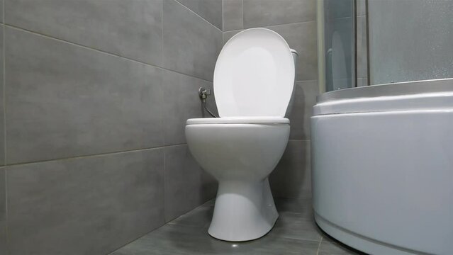 Toilet room interior with white toilet bowl with open lid, shower cabin and grey wall tiles