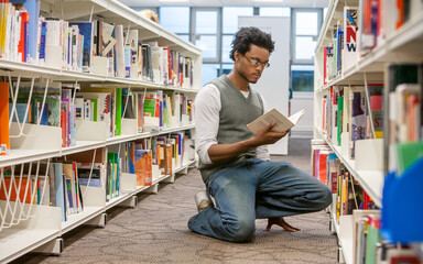 Fototapeta na wymiar Teenage Students: Book Worm. A male student making use of his college library. From a series of high school education related images.