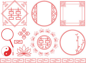 双喜紋と中華風の飾り罫セット　レッド