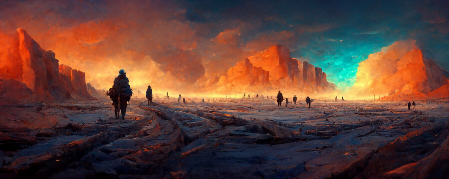 Cold Desert With Mountains And Orange Blue Sky. Dystopian Landscape Concept Art Illustration.