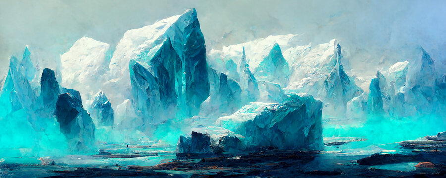 Desert ice landscape with iceberg and water. Digital painting and game concept art illustration.