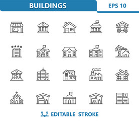 Buildings Icons. Real Estate, Building, House, Store, School, Garage, Hotel, Church, Cabin, Hospital, Factory