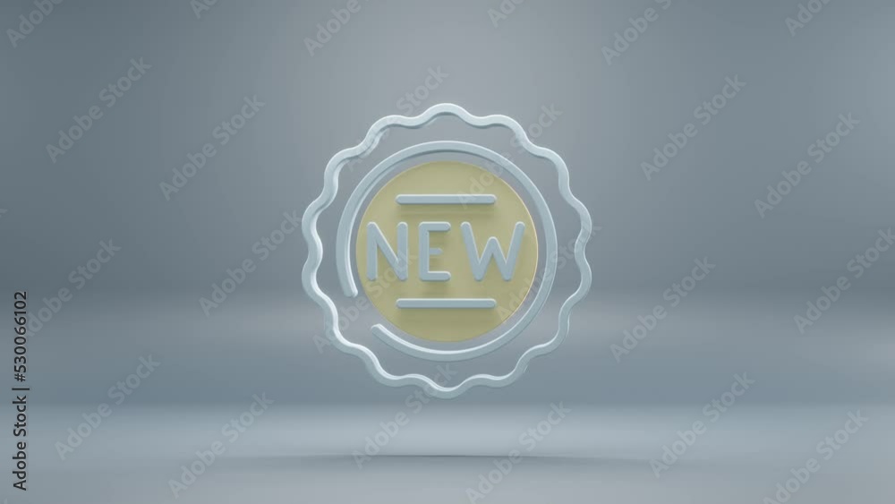 Poster Beautiful abstract New Badge with yellow light symbol icons on a blue background. 3d rendering illustration. Background pattern for design. Online Shopping. Loops video.