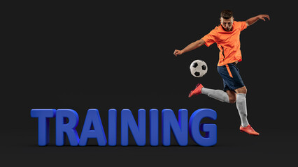 Active male soccer player jumping with football ball over 3D blue lettering on black background. Concept of sport, action, motion, fitness.