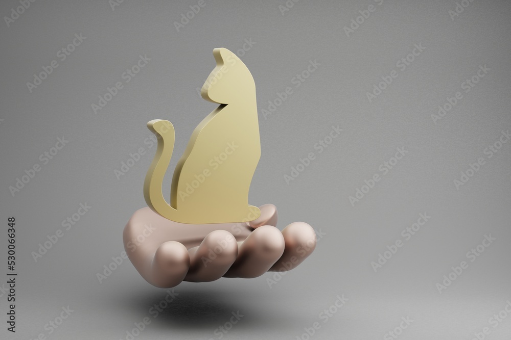Poster beautiful abstract illustrations golden hand holding halloween cat symbol icon on a gray background.