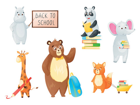 Cute wild animals schoolchildren, set of isolated vector illustrations back to school concept.