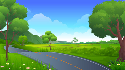 Obraz premium Beautiful paddy rice field with highway asphalt road, trees and mountain landscape vector illustration