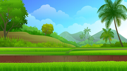 Beautiful rice field terraces with nature rural landscape, mountain and tropical forest vector illustration