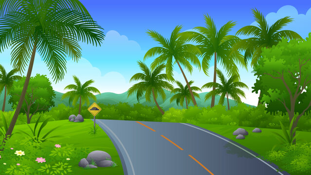 Asphalt road going through the hill of coconut plantation with forest, trees and mountain vector illustration