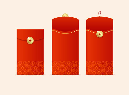 Realistic Detailed 3d Chinese Red Packet Or Envelope Set. Vector