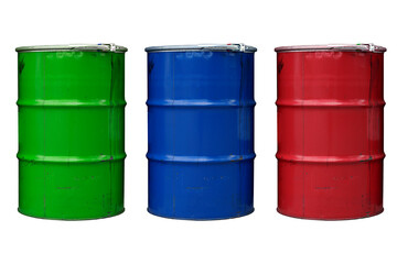 Steel barrels isolate. Colored barrels for oil, chemistry, industry on an empty white background
