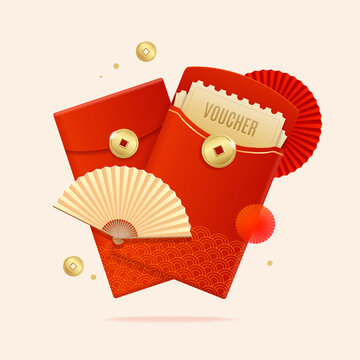 Realistic Detailed 3d Chinese Red Packet Or Envelope Set. Vector