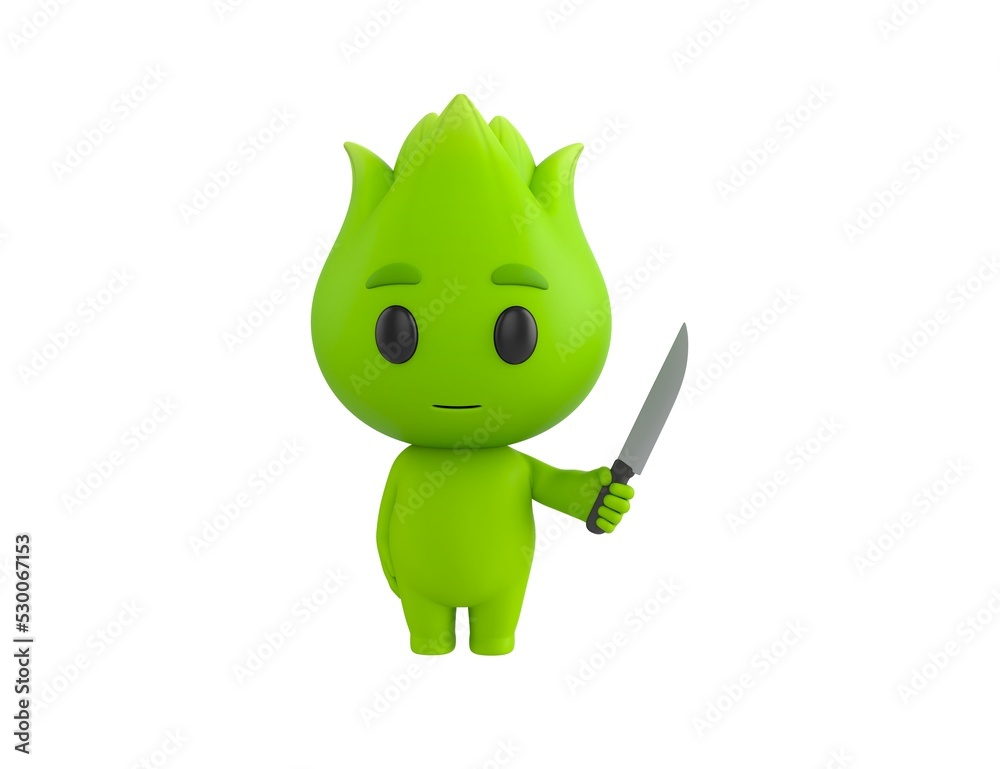 Sticker nature mascot character holding sharp knife in 3d rendering.