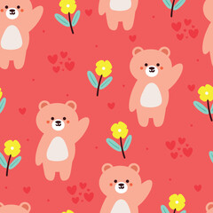 seamless pattern cartoon bear and flower in pink background. cute animal wallpaper for kids, gift wrap paper