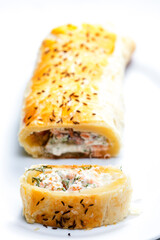puff pastry filled with salmon, dill and cream cheese