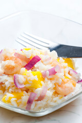 rice salad with shrimps, red onion and yellow pepper