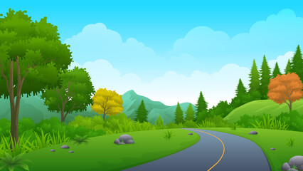 Empty Asphalt road going through the hill with beautiful nature landscape, trees and mountain vector illustration